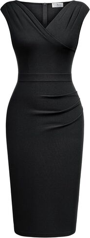 AISIZE Women's Retro V-Neck Ruffle Cap Sleeve Cocktail Business Dress in Saudi Arabia