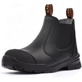Work Boots for Men Steel Toe Slip On Waterproof Safety Boots Mens Slip Resistant Work Shoes Leather Safety Toe Shoes Mechanic Restaurant Garden