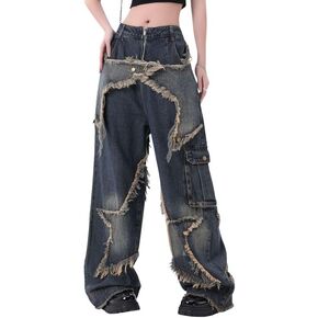 Y2K Baggy Jeans Women&Men Star Patch Aesthetic High Waist Straight Leg Pants Vintage Fashion Grunge Streetwear.