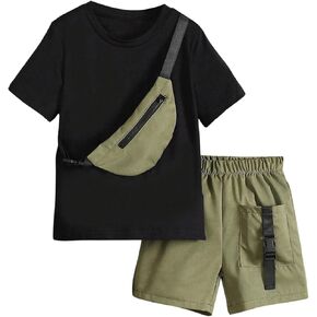 SweatyRocks Boy's 2 Piece Outfits Color Block Round Neck Solid Basic Tee Top and Shorts with Sling Bag