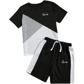 SweatyRocks Boy's Colorblock Letter Print 2 Piece Outfits Crew Neck Short Sleeve Tee Top and Track Shorts Set