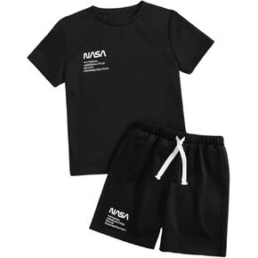 SweatyRocks Boy's Letter Print Two Piece Outfits Round Neck Short Sleeve Tee Top and Track Shorts Set