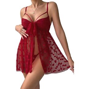Lilosy Sexy Tie Front Strappy Split Ruffle Heart Mesh Sheer Babydoll Lingerie Set