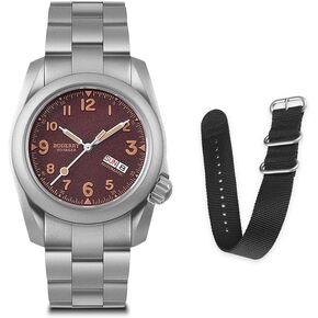 BODERRY Men's Watch Titanium Automatic Field Watch 40mm Military Watch Day Date Function 100M Waterproof with Titanium Bracelet Japanese Mechanical Movement & Screw Down Crown—Voyager