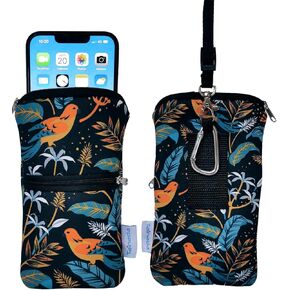 Men Women Phone Neoprene Shockproof Zippered Sleeve Case Bag Pouch with Carabiner, Neck Lanyard, Belt Loop Holster for iPhone 15/14 Pro Max, 15 Plus, Samsung S24+, A54 (Birds Floral Navy Blue)
