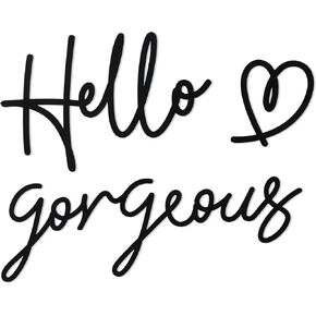 Bnesi Hello Gorgeous Heart Sign Wall Decor Black Metal Wall Decor Modern Hello Gorgeous Elegant Metal Wall Art Decor for Bathroom, Bedroom, Lash room (Black, Large)