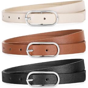 Women Skinny Leather Belt for Dress Pants Jeans Ladies Thin Waist Belts with Gold Buckle