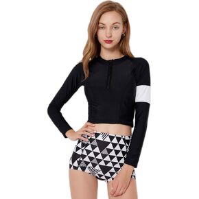 Women's Two Piece Rash Guard Swimsuit Set Long Sleeve Zipper Swim Shirt with Boyshort Bottom