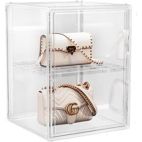 X-Large 2 Tiers 14.2"X10.6"X8" Acrylic Display Case with 1 Division Board, Clear Organizer Box Plastic Holder with Magnetic Door for Loungefly Backpack, Handbags, Purses, Boots