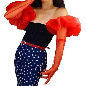 Muineobuka Women Puff Sheer Long Gloves Ruffle Puffy Fancy Tulle Mesh Gloves for Wedding Cocktail Opera Evening Party