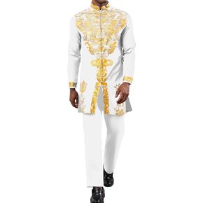 Mens African 2 Piece Set Zipper Nigerian Dashiki Metallic Shirt and Pants Outfit Gold Stamp Printed Long Traditional Suit