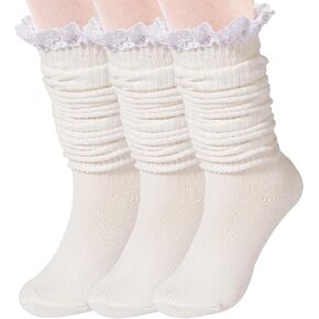 3 Pairs Slouch Socks for Women, Ruffle Frilly Turn Cuff Socks, Vintage Knit Scrunch Knee High Boot Socks Size 9-11 in Kuwait