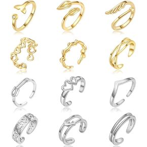 12 PCS Toe Rings for Women Adjustable Silver 18K Gold Plated Toe Ring Set Open Heart Flower CZ Star Band Tail Ring Summer Beach Foot Jewelry
