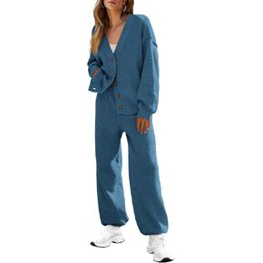 BTFBM Women 2 piece Outfits Fall Knit Sweater Sets Loose Casual Button Down Cardigan Long Pants Matching Lounge Set