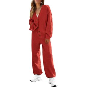 BTFBM Women 2 piece Outfits Fall Knit Sweater Sets Loose Casual Button Down Cardigan Long Pants Matching Lounge Set