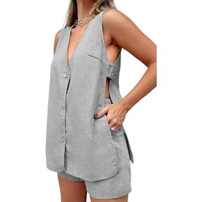 Tankaneo Womens Summer Two Piece Outfits Casual Shorts Set Sleeveless V Neck Button Down Tank Tops and Shorts Tracksuit