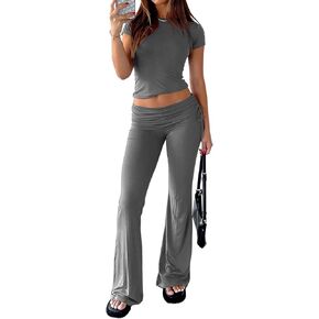 PRIVIMIX Women's 2 Piece Lounge Sets Drawstring Flare Leggings Bell Bottom and Y2k Short Sleeve Cropped Tops Tracksuits
