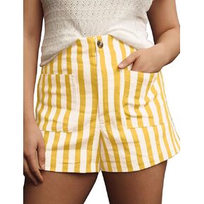 Women Striped Linen High Waisted Wide Leg Summer Casual Button Shorts 2024 Y2k Color Block Boxer Shorts with Pockets