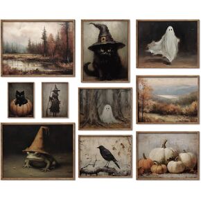 JarThenaAMCS 10Pcs Halloween Wall Art Prints Vintage Gothic Witchy Wall Decor Dark Academia Ghost Black Cat Art Poster for Gallery Living Room Bedroom Decor (UNFRAMED)