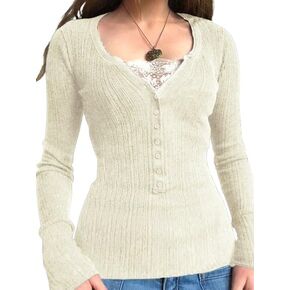 EMMIOL Lace Crop Button Up Shirts for Women Paneled Button Long Sleeve Knit Top Lightweight Slim Basic Knit Tunic Top Blouse
