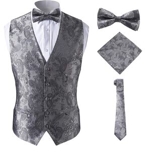 Men's 4pc Classic Paisley Suit Vest Set Bow Tie and Hanky for Tuxedo,Silver,2XL