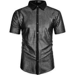 Lars Amadeus Shiny Metallic Shirts for Men's Short Sleeves Button Sequin Disco Glitter Shirts