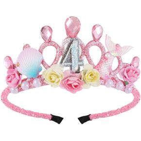 4th Birthday Tiara Crown with Mermaid Theme - Headband and Decoration for Girls' Party, 4 Year Old Disposable