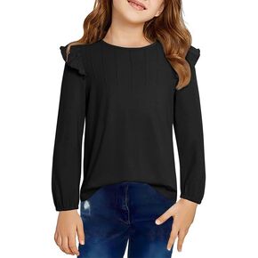 Girls Long Sleeve Shirts Casual Ruffle Trim Crewneck Blouse Tops 6-15 Years