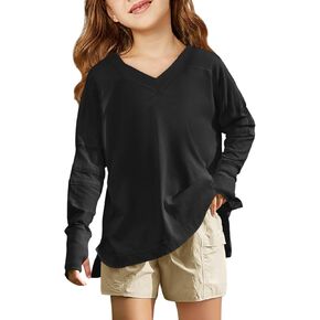 Haloumoning Girls Oversized Long Sleeve T Shirts Kids Casual V Neck Cute Tops Basic Tees with Thumb Holes 4-14Y