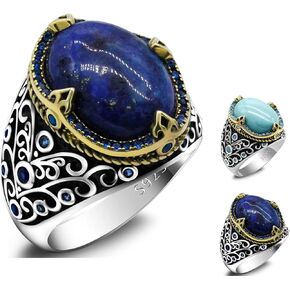 Men Ring in Sterling Silver, Large Oval Biker Ring with Jewelry Box, Turquoise/Lapis Lazuli Statement Ring, Handmade Statement Ring for Birthday Christmas (Size 8 to 12)