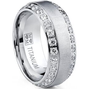 Metal Masters 1.8Ct Men's Titanium Dome Brushed Finished Wedding Band Engagement Ring with Cubic Zirconia, 8mm
