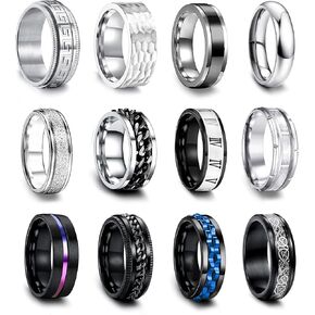 EIELO 12Pcs Stainless Steel Band Rings for Men Women Cool Fidget Spinning Chain Ring Anxiety Relief Fashion Simple Wedding Engagement Ring Set