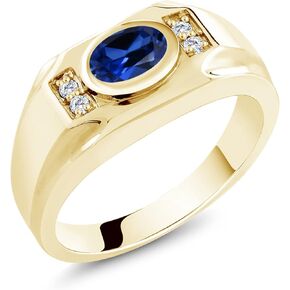 Gem Stone King Men's 18K Yellow Gold Plated Silver Blue Created Sapphire and White Moissanite Ring (1.75 Cttw, Gemstone September Birthstone, Oval 8X6MM, Available In Size 7, 8, 9, 10, 11, 12, 13)