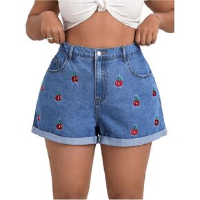 WDIRARA Women's Plus Size Cherry Embroidery Wide Leg Denim Shorts High Waist Rolled Hem Shorts
