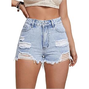 MakeMeChic Women's Casual Ripped Raw Hem Zip Fly Straight Leg Summer Denim Shorts with Pocket