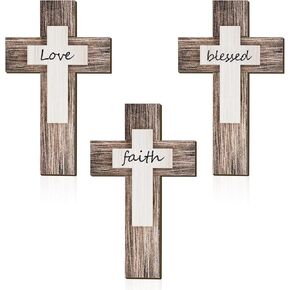 3 Pieces Easter Cross Wall Decor Faith Love Blessed Wooden Decoration Rustic Vintage Cross Wall Art Religious Love Hanging Sign Inspirational Cross Decor Farmhouse Home Hanging Decor (Wood)