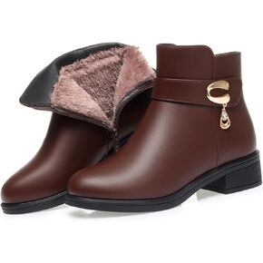 Women Winter Warm Low Block Heel Snow Booties Leather Side Zipper Sparkling Rhinestones Fully Fur Lined Thickening Softsole Ankle Boots