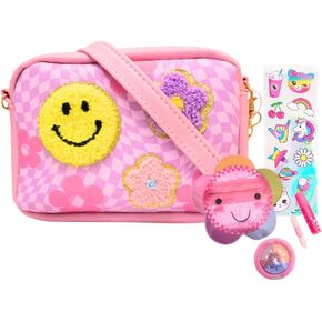 Hot Focus Crossbody Bag for Girls Purse with Removable Strap and Chain - Small One Shoulder Messenger Bag for Kids – Pink with Smiley Face and Flowers