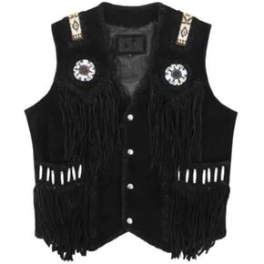 Western Style Cow Suede Leather Vest for Men with Native American-Inspired Design, Fringes, Beads & Braid