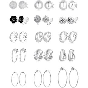 Tornito 15 Pairs Clip on Earrings 14K Gold Plated Chunky Flower Twist Knot Geometric Round Clip on Spring Hoops Earrings for Women Non-Pierced Fake Clip Earring Set Gold Silver Tone
