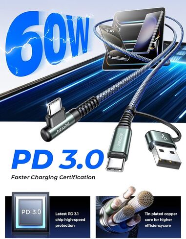 كابل AINOPE أرجواني USB C إلى USB C 2 حزمة 6.6 قدم 60 وات USBC إلى USBC كابل شحن سريع زاوية زاوية من النوع C إلى النوع C كابل USB C متوافق مع MacBook Pro 2022، iPad Pro 2021، Galaxy S23 in Kuwait