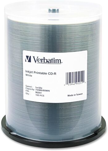 Verbatim CD-R 700 ميجابايت 52X قرص وسائط أبيض قابل للطباعة وقابل للتسجيل - عمود دوران 100 قطعة in Kuwait
