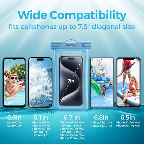 ProCase 2 Pack حقيبة هاتف عائمة مقاومة للماء، حقيبة جافة IPX8 للهواتف مقاس 7 بوصات | تناسب iPhone 17/16/15/14 وGalaxy S24/S23 وPixel 8/7. حقيبة مقاومة للماء تعمل باللمس للسباحة والغوص والثلج - أسود in Kuwait