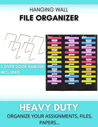 Heavy Duty 30 Pocket Storage Chart w/Nametags - 5 Stainless Steel overdoor Hangers Included - Hanging Wall File Organizer | Organize Your Assignments, Files, Papers & More in Saudi Arabia