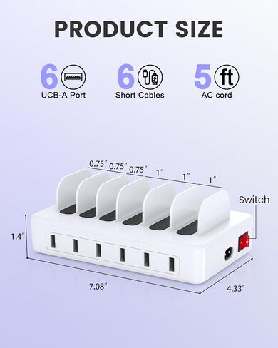 محطة شحن متعددة 50 وات، 6 منافذ، قاعدة شحن USB لأجهزة متعددة in Kuwait