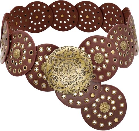 Wide Disc Belt for Women Boho Concho Leather Belts Vintage Western Waist Belt in Saudi Arabia
