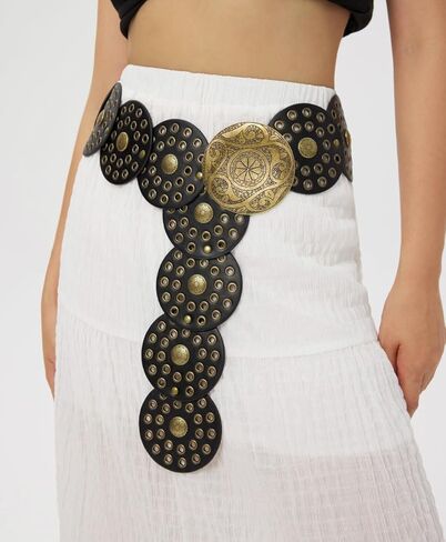 Wide Disc Belt for Women Boho Concho Leather Belts Vintage Western Waist Belt in Saudi Arabia
