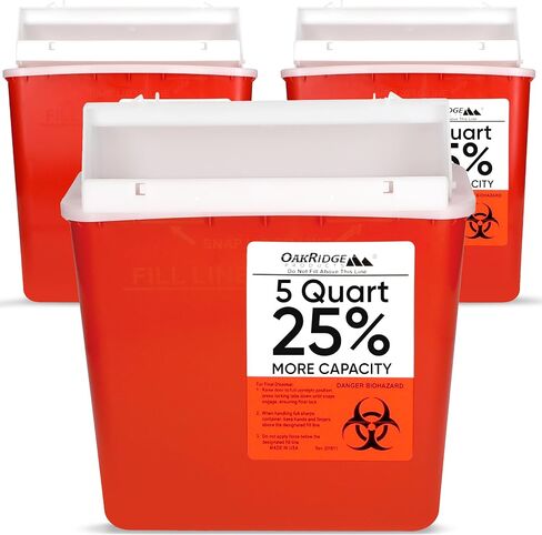 Oakridge Products Sharps Container for Home Use and Professional 5 Quart (3-Pack), Biohazard Needle and Syringe Disposal, Mailbox Style Lid, CDC Certified in Saudi Arabia