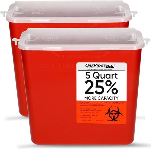 Oakridge Products Sharps Container for Home Use and Professional 5 Quart (1-Pack), Biohazard Needle and Syringe Disposal, Horizontal Drop Style Lid with levers, CDC Certified in Saudi Arabia