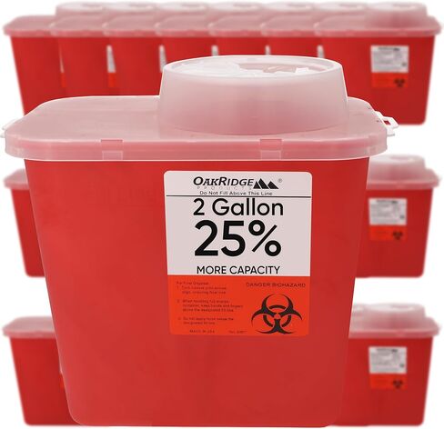 Oakridge Products Large Sharps Container for Home Use and Professional 2 Gallon (1-Pack) with Chimney Top, Biohazard Needle and Syringe Disposal, CDC Certified in Saudi Arabia